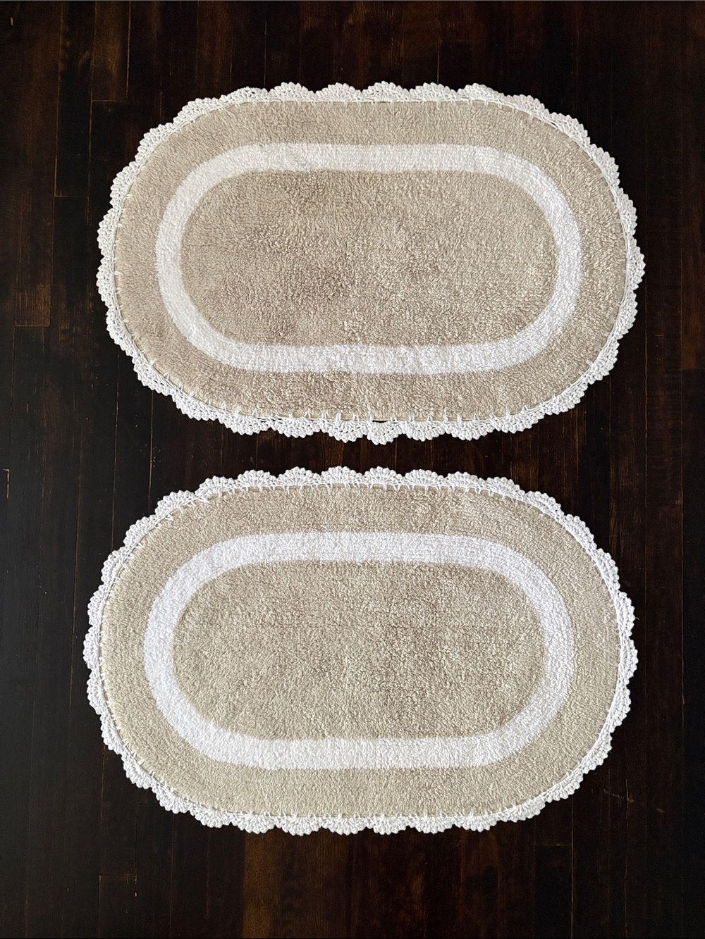 Laura Ashley Eloise Crochet Border Oval Bath Mats Sandshell Beige Set of 2